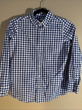 Lands' End Boy’s Blue and White Gingham Button-Down Shirt, Size 10-12